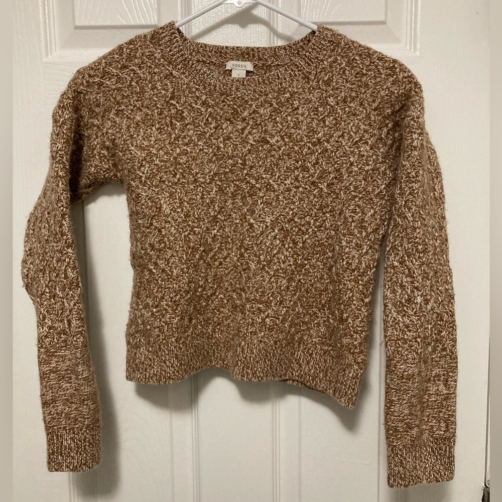 *Fossil Camel Brown Marled Small Merino Wool Silk Blend Cable Knit Sweater#V
